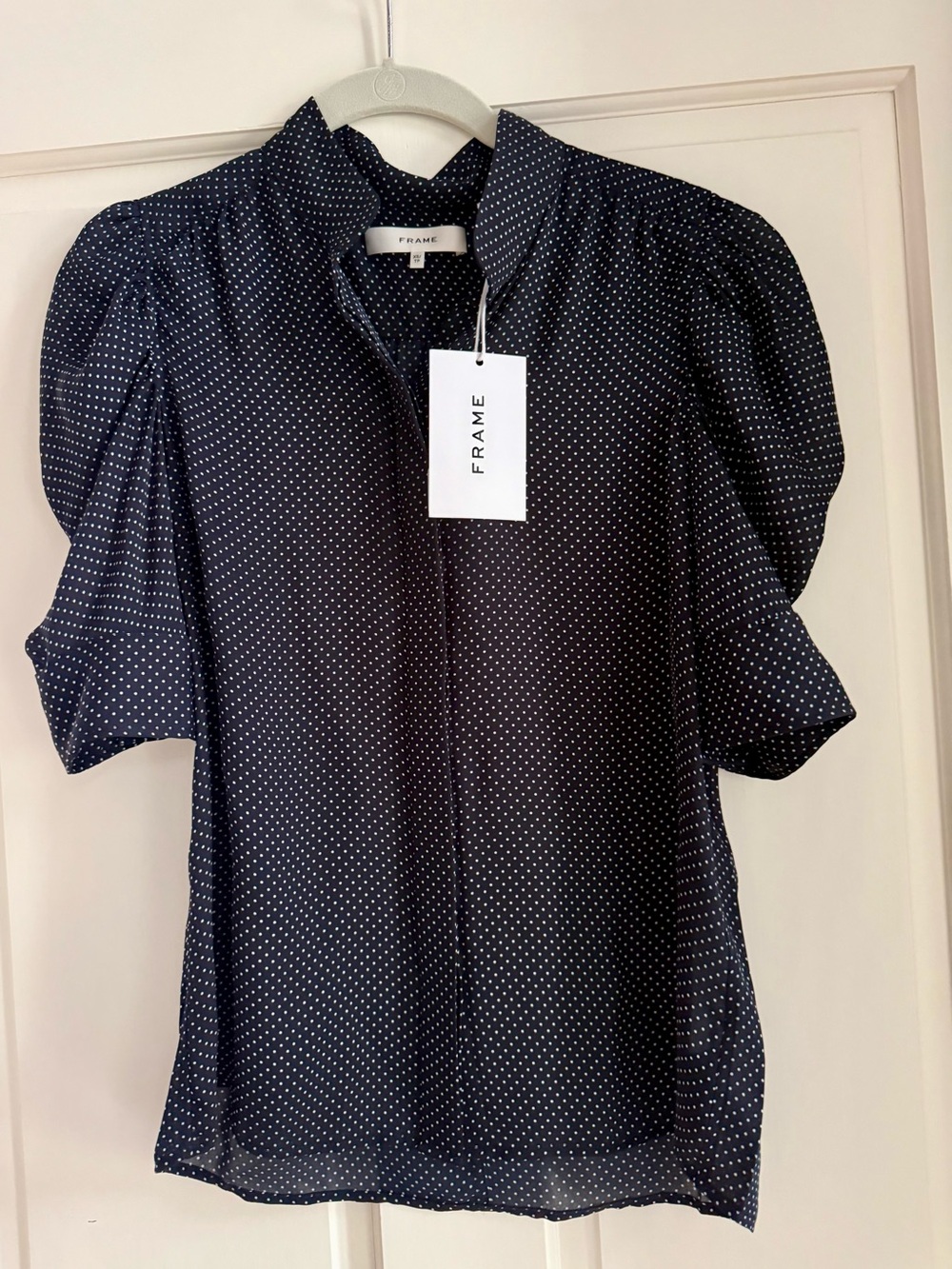 FRAME Women's Navy Sheer Gillian Polka Dot Silk Top Size Extra Small